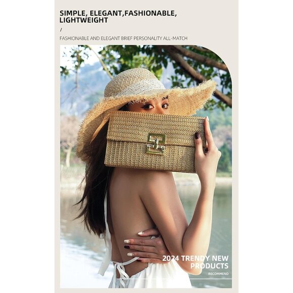Apricot Summer Straw Clutch Women's Rattan Beach Bag with Snap Closure - Picture 2 of 8